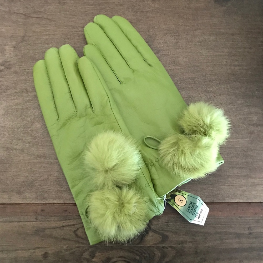 NWT Genuine Leather Green with Fur Poms Size S